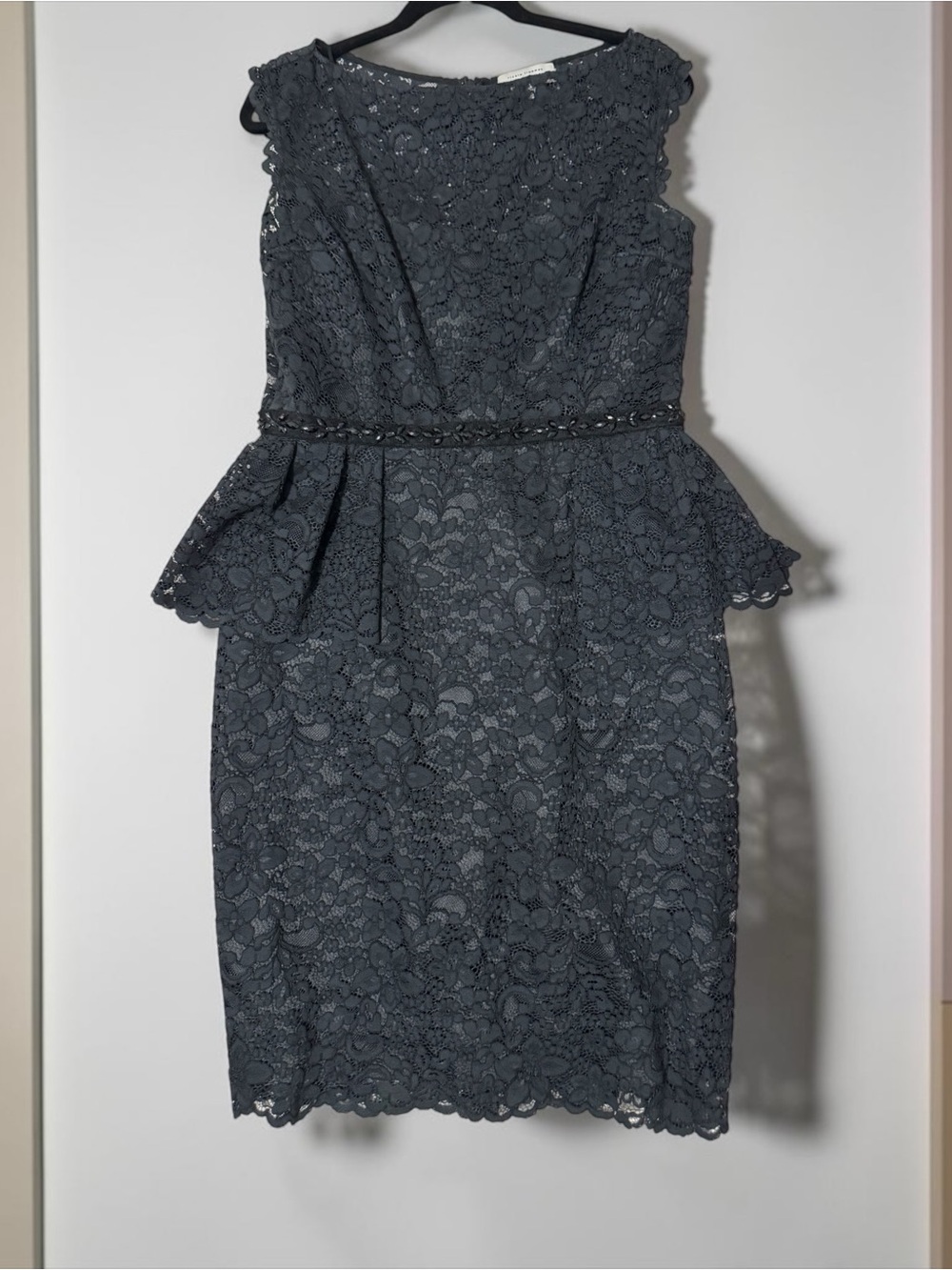 Teri Jon Charcoal Lace Peplum Midi Dress